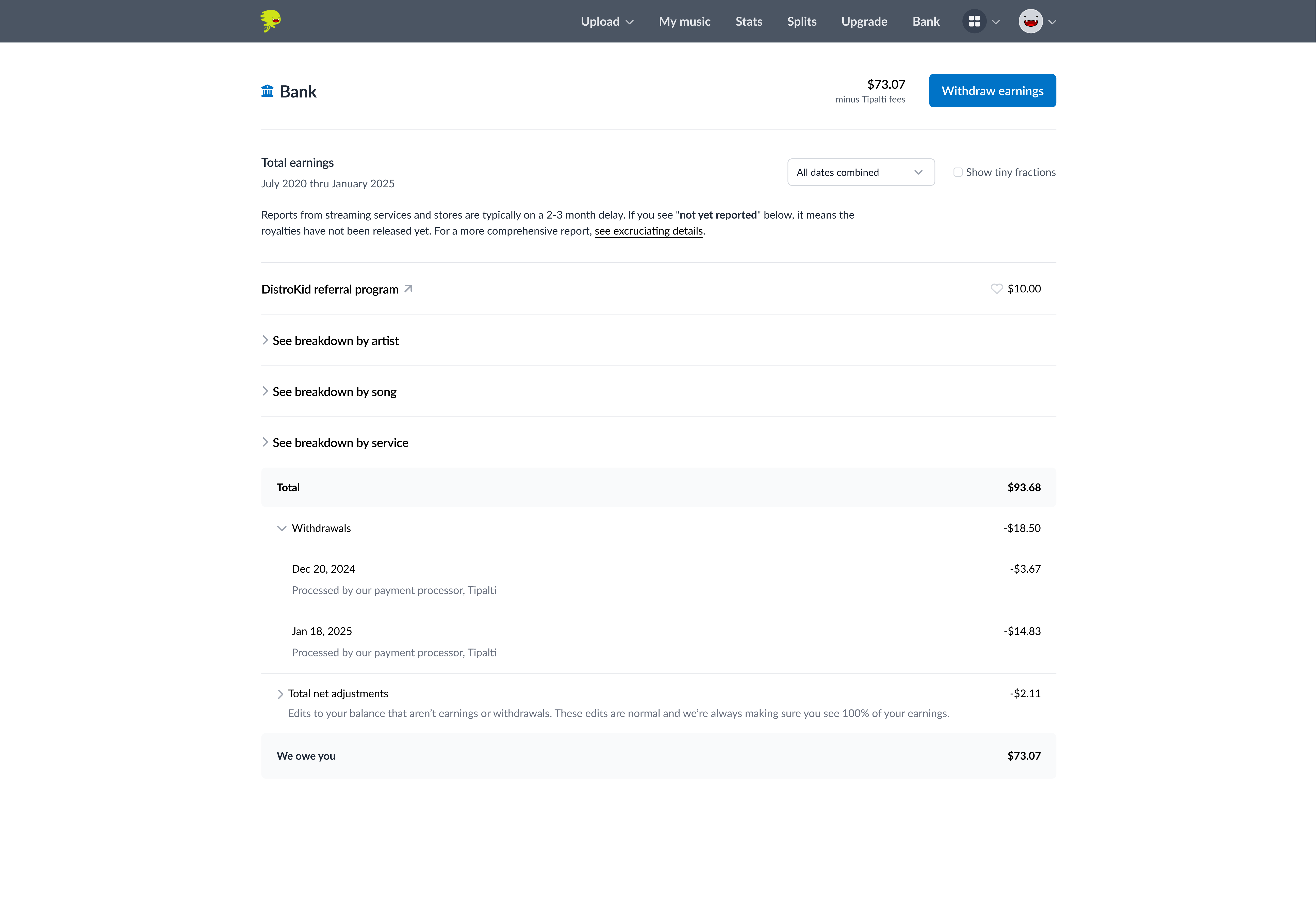 Bank page withdrawals view